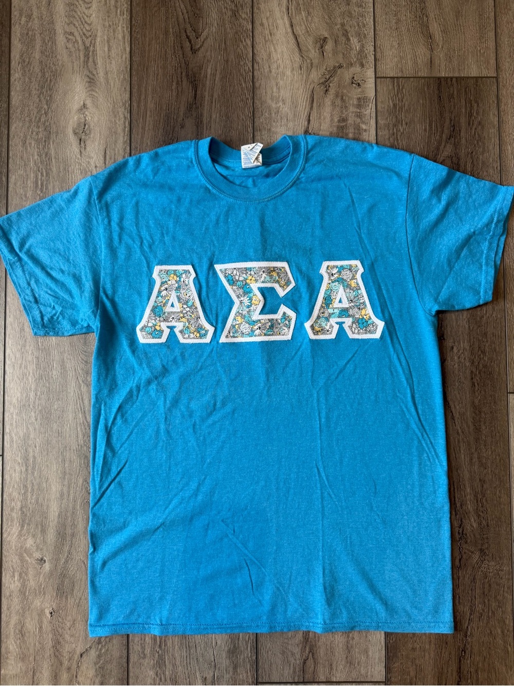 Alpha Sigma Alpha- Blue Short-Sleeve Tee with Floral AΣA Letters